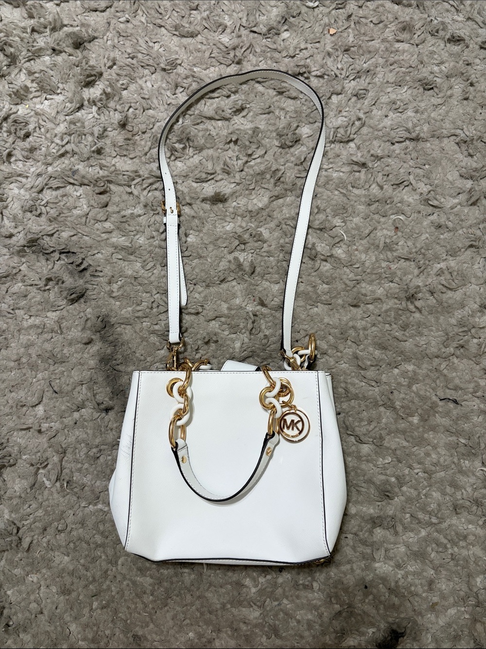 Michael Kors White Leather Tote with Gold Chain Accents